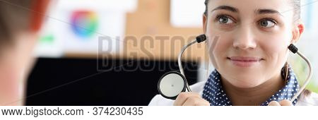 Therapist Removes Headphones From Stethoscope. Doctor Will Listen To Patient, Make Diagnosis. Drawin