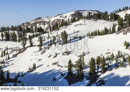 Snow On Mount Lassen In The Lassen Volcanic National Park, Usa