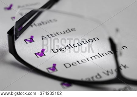 Dedication Inscription On A White Sheet. This Is A Motivational Checklist With Points For Success. O