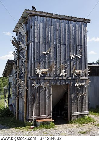 Bjurholm, Norrland Sweden - June 23, 2020: A House With Various Moose Horns On The Outside