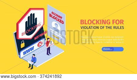 Isometric Internet Blocking Yellow And Horizontal Banner With Blocking For Violation Of The Rules An