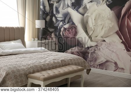 Beautiful Floral Photoart Work Used As Wallpaper In Bedroom Interior