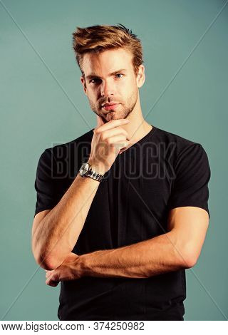 Expensive Luxury Accessory. Confident Macho Luxurious Watch Blue Background. Watches Are Convenient.