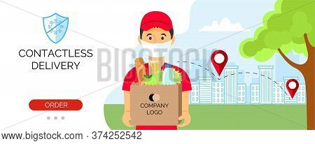 Safe Delivery Service. Banner Food Online Order. Vector Illustration For Your Business.