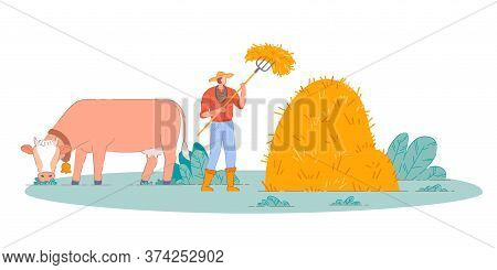 Farmer Making Farm Hay. Isolated Person Cartoon Character Making Haystack With Pitchfork And Cow On 