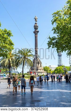 Christopher Columbus Monument On La Rambla Street, Barcelona, Spain - June 2019