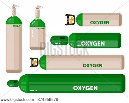 Oxygen Tank Set. Gas Tank Set Isolated On White Background. Vector Gas Container Different Type And 