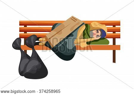 Homeless People. Poor Man Beggar Character Sleep On Bench Isolated On White Background. Asleep Tramp