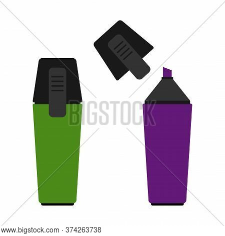 Marker Pens, Felt-tip Pens Isolated On White Background. Textmarker In Flat Style Vector Illustratio
