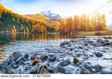 Dramatic Autumn View Of Champfer Lake At Sunset. Shallow Depth Of Field. Location: Silvaplana, Maloy