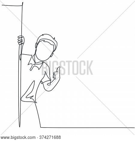 One Line Drawing Of Young Happy Student Boy School Student Appeared From Behind The Wall And Giving 