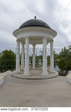 Old Historical Architecture In Kostroma City, Ostrovsky Gazebo. Concept Of Art And History.