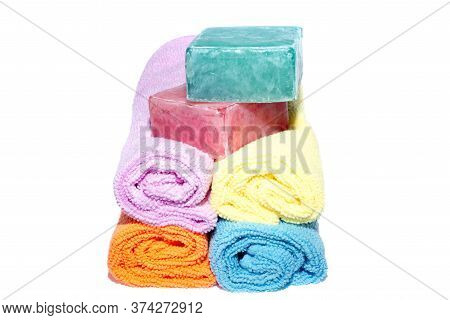 Soap Bars On Facecloths Off Various Shades With Some In Rolls