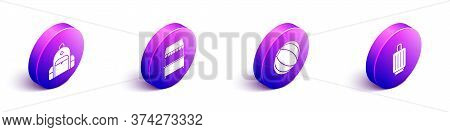 Set Isometric Hiking Backpack, Street Stall With Awning, Beach Ball And Suitcase Icon. Vector