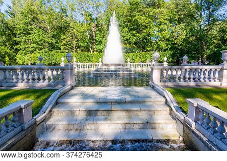 St. Petersburg, Russia - July 2019: Pyramid Fountain In Lower Park Of Peterhof