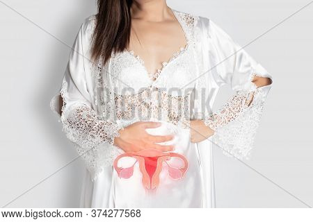Phetchaburi / Thailand - June 27 2020 Uterine Diseases | Endometriosis, Woman In White Silk Nightgow