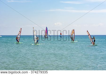 Rhodes, Greece - September 2019: Windsurfers On Prasonisi Beach
