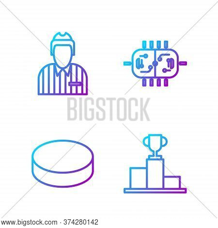 Set Line Hockey Over Sports Winner Podium, Hockey Puck, Hockey Judge, Referee, Arbiter And Hockey Ta