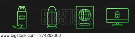 Set Line Passport, Pepper Spray, Bullet And Lock On Computer Monitor. Gradient Color Icons. Vector