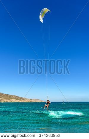 Kitesurfer In Jump On Prasonisi Beach (rhodes, Greece)