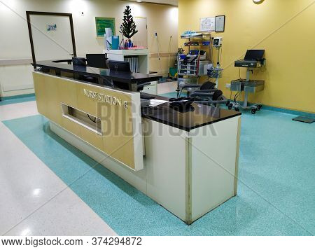 Closeup Of Interior Design And Reception Cabin In A Columbia Asia Referral Hospital. Reception Area