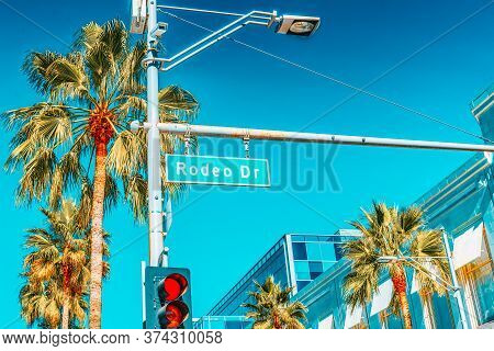 Rodeo Drive Road Sign On Fashionable Street Rodeo Drive In Hollywood.