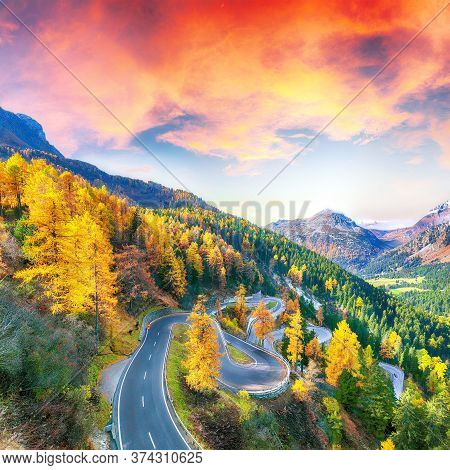 Stunning View Of Maloja Pass Road At Autumn Time. Colorful Autumn Scene Of Swiss Alps. Location: Mal