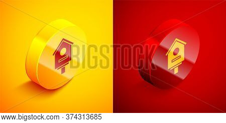 Isometric Bird House Icon Isolated On Orange And Red Background. Nesting Box Birdhouse, Homemade Bui
