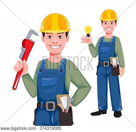 Builder Cartoon Character, Set Of Two Poses. Young Construction Worker In Hard Hat Holding Wrench An