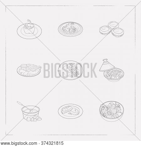 Set Of World Cuisine Icons Line Style Symbols With Swiss Fondue, Lunch, Moroccan Tagine And Other Ic