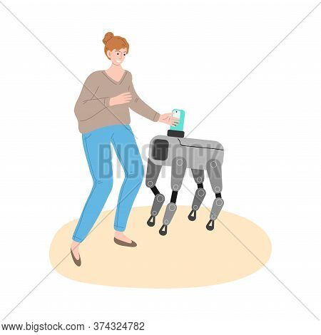 Young Smiling Woman Playing With Metal Robot Dog At Home