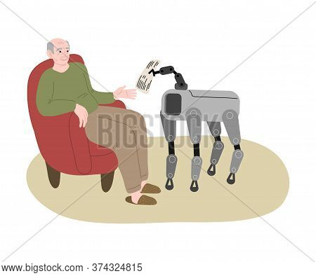 Robot Dog Bringing Newspaper To Elderly Man In Armchair At Home