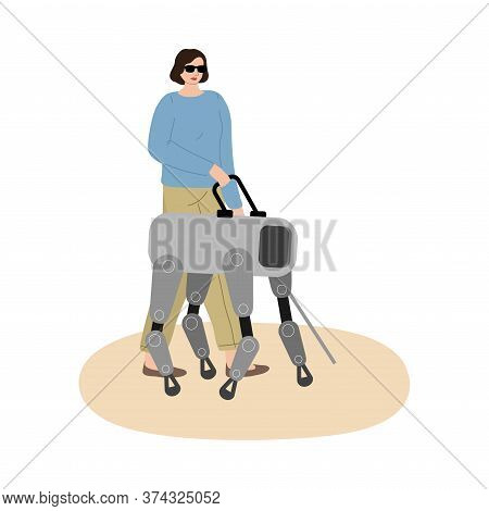 Robot Dog Helping To Walk Outdoors To Blind Woman