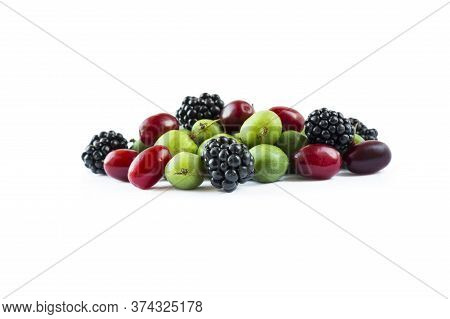 Berry Isolation. Mix Berries Isolated On White Background. Actinidia And Blackberries With Copy Spac
