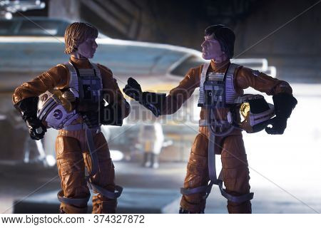 JUNE 28 2020 - depiction of a scene from Star Wars with Luke Skywalker and Wedge Antilles before a mission in the Rebel base hanger - Hasbro action figure