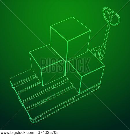 Hand Pallet Jack Lift With Pallet And Stacked Goods Cardboard Boxes. Manual Forklift. Logistics Ship