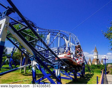 Nha Trang, Vietnam - December 23, 2019: View Of The Roller Coaster In The Vinpearl Amusement Park.