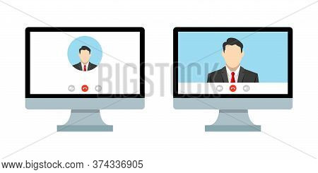 Two Monitors With The Camera Turned On And The Camera Turned Off. Online Conference In Zoom