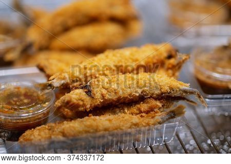 Close Up Of Deep Fried Smelt Shishamo Fish Thai Street Food Market