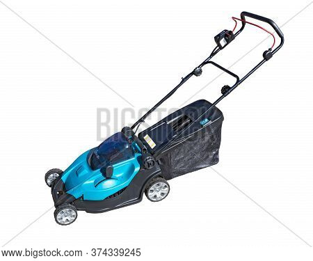 Lawn Mower Isolated On White Background. Mower Grass Equipment, Mowing Gardener Care Work Tool. Elec