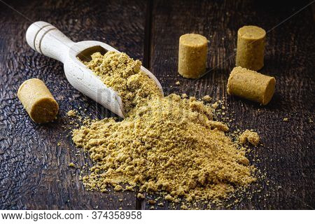 Ground Peanut Powder, On A Rustic Table, Called Brazilian Paçoca.