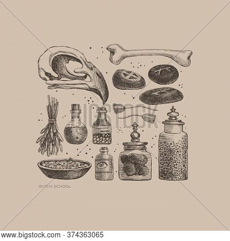 Monochrome Set Of Mystical Items For Witchcraft Vector Illustration. Elements Of Witch Or Wizard Set