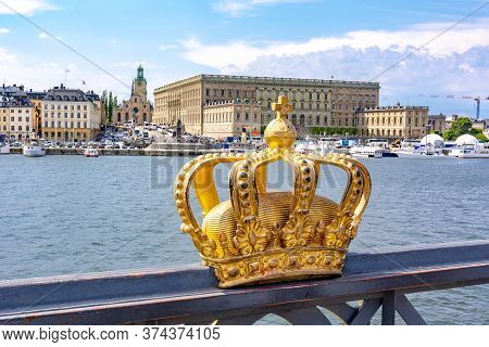 Stockholm Old Town Cityscape With Royal Palace And Royal Crown, Sweden