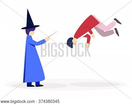 Wizard In A Cloak And A Witch's Hat, Holds A Magic Wand In His Hand. Flies With The Help Of Magic, L