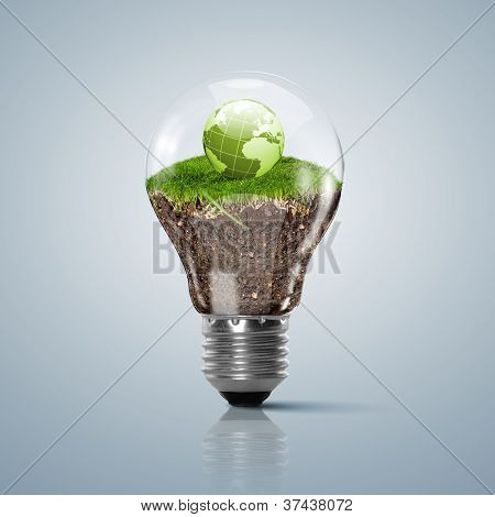 ECOLOY ábra-lámpa izzó, tiszta természet és a megújuló energiaforrások jelet belül