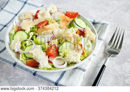 Salad Fattoush. Healthy Vegetarian Food. Traditional Middle Eastern Salad With Toasted Pita Bread An