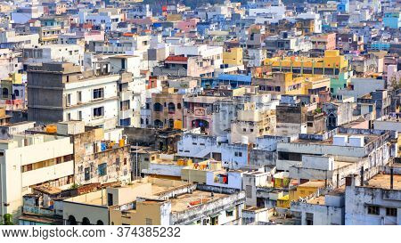 Vijayawada, INDIA - January 6 2019 : Aerial view of Vijayawada city with colorful homes, at Vijayawada, India