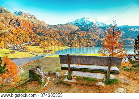 Awesome Autumn Panorama Of Silvaplana Lake And Surlej Village. Location: Silvaplana, Maloya District