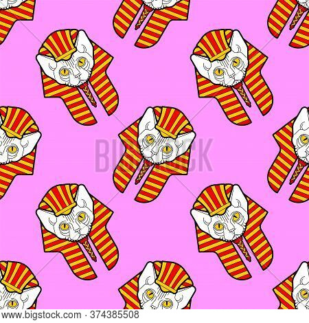 Sphynx Cat In Nemes Pattern Seamless. Cat Pharaoh Background. Ancient Egypt Ornament
