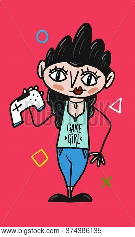 Game Girl. Happy Girl. Colorful Vector Illustration.